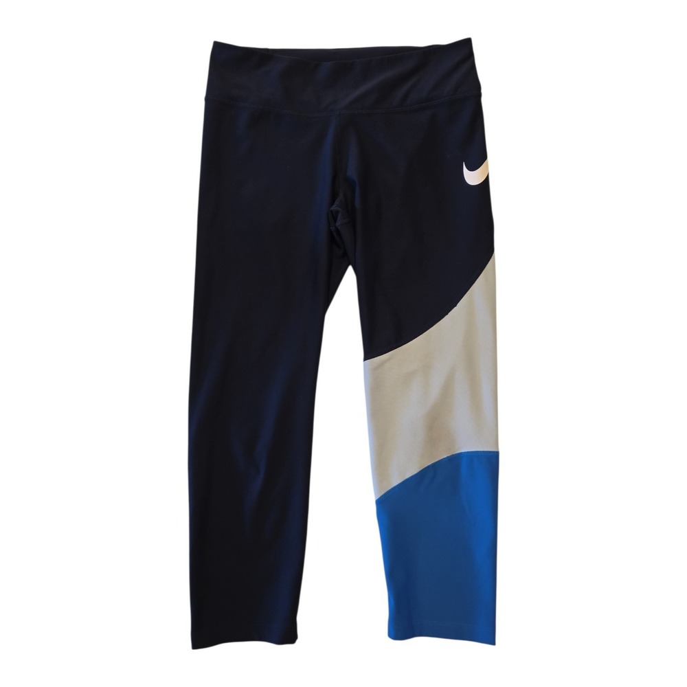 Nike Dri Fit Womens Capri Leggings Large Navy Blue White Colorblock Swoosh